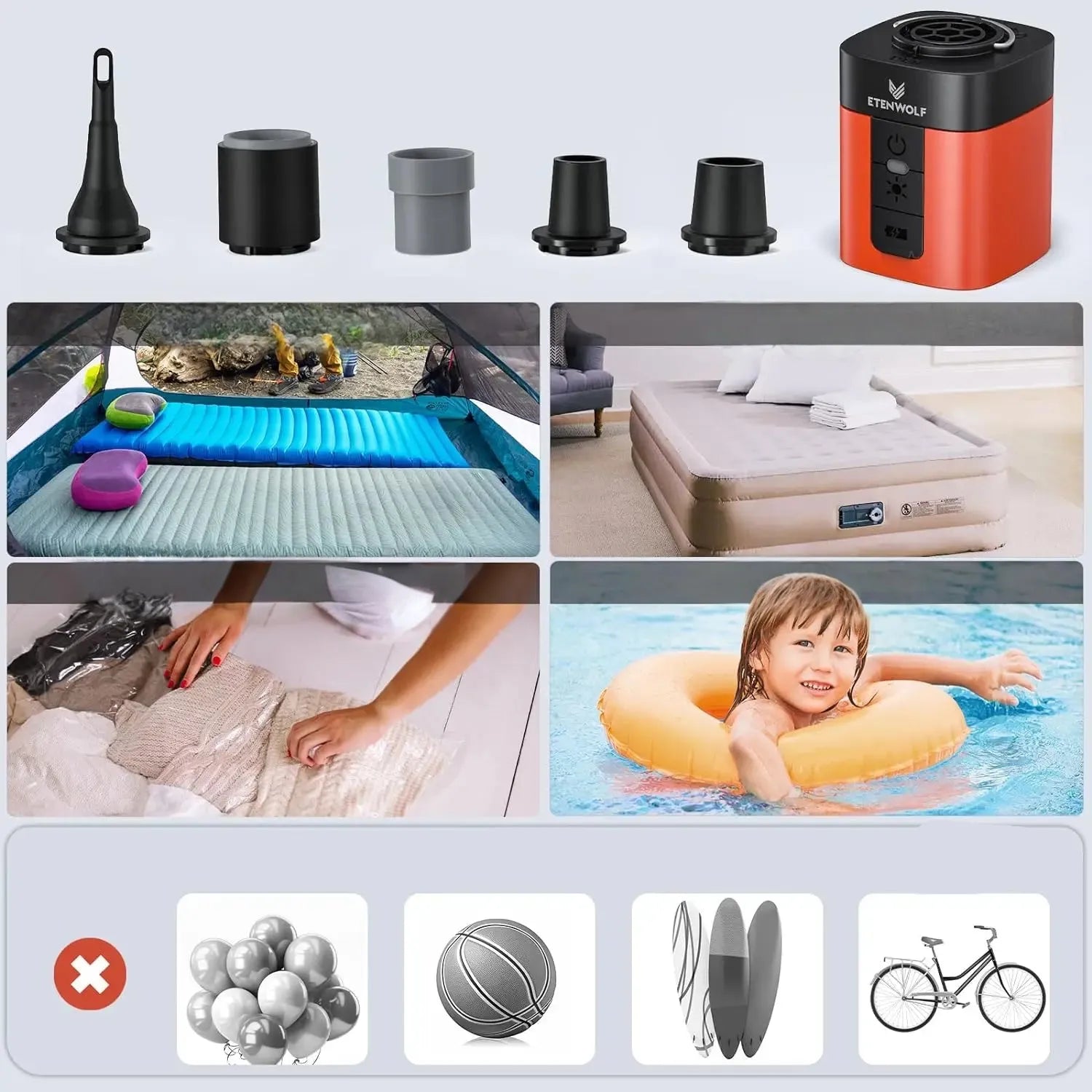 Luxon - Mini-Luftpumpe mit 2600 mAh Akku und Campinglicht
