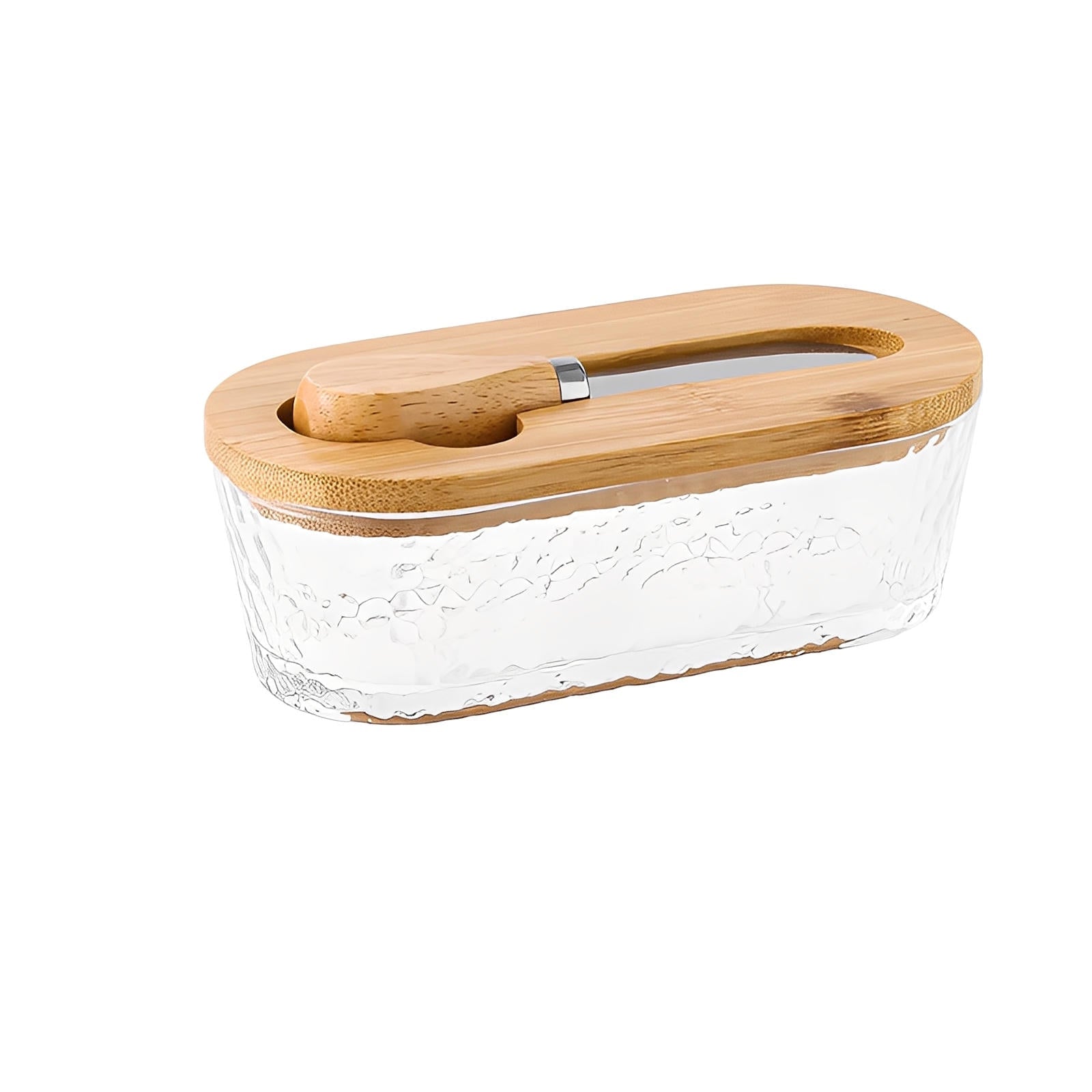 Elegante Butterschale aus Glas mit Holzdeckel und Messerschlitz für stilvolles Servieren 8