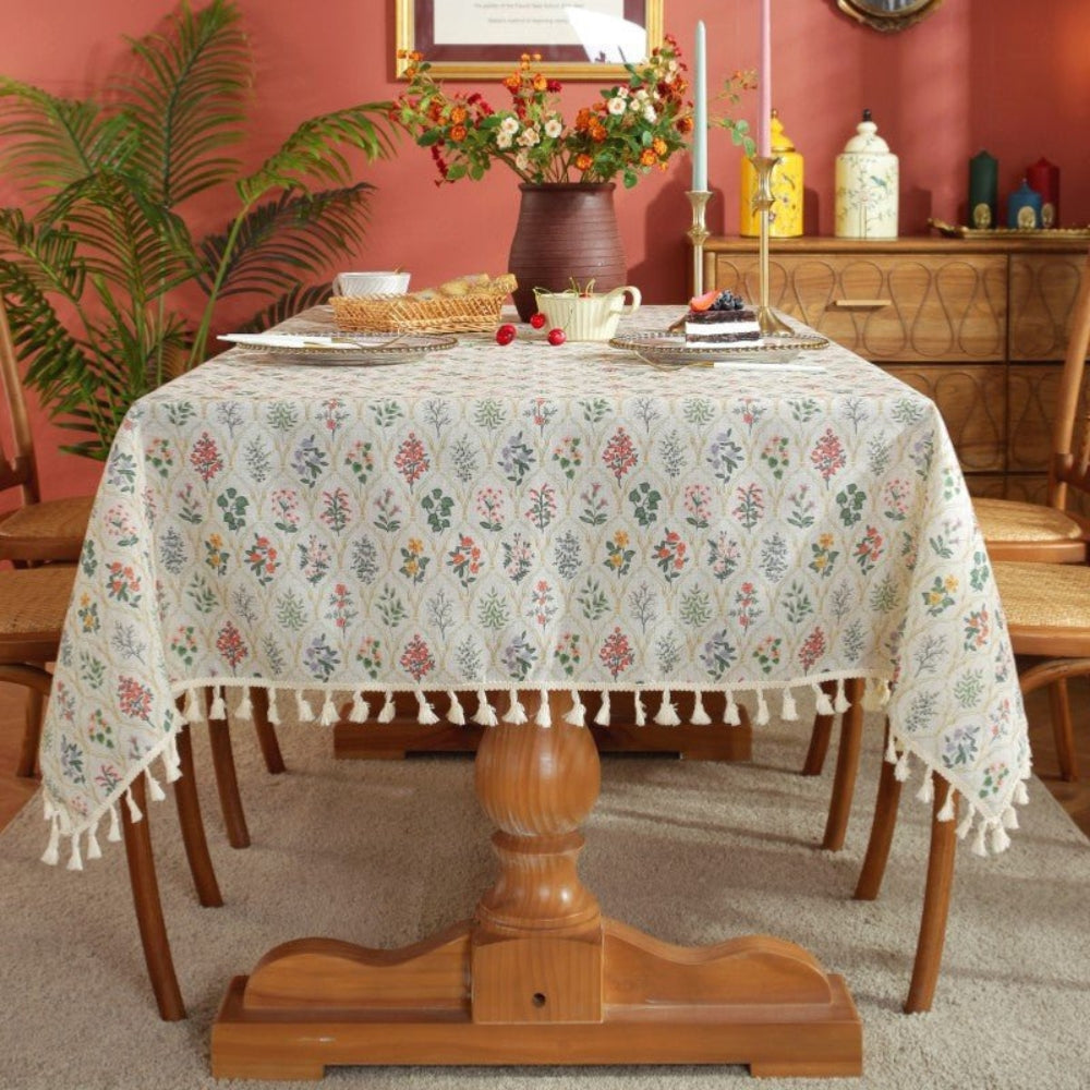 Elegante Tischdecke Abwaschbar Mit Blütenmuster Und Quasten Für Festliche Anlässe 0