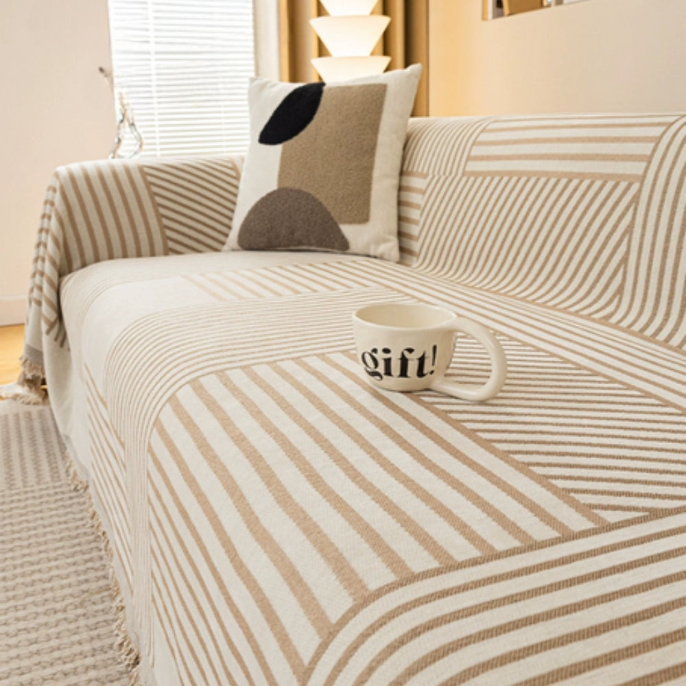 Gestreifte Chenille Sofaabdeckung mit Quasten – Rutschfest & Pflegeleicht 0