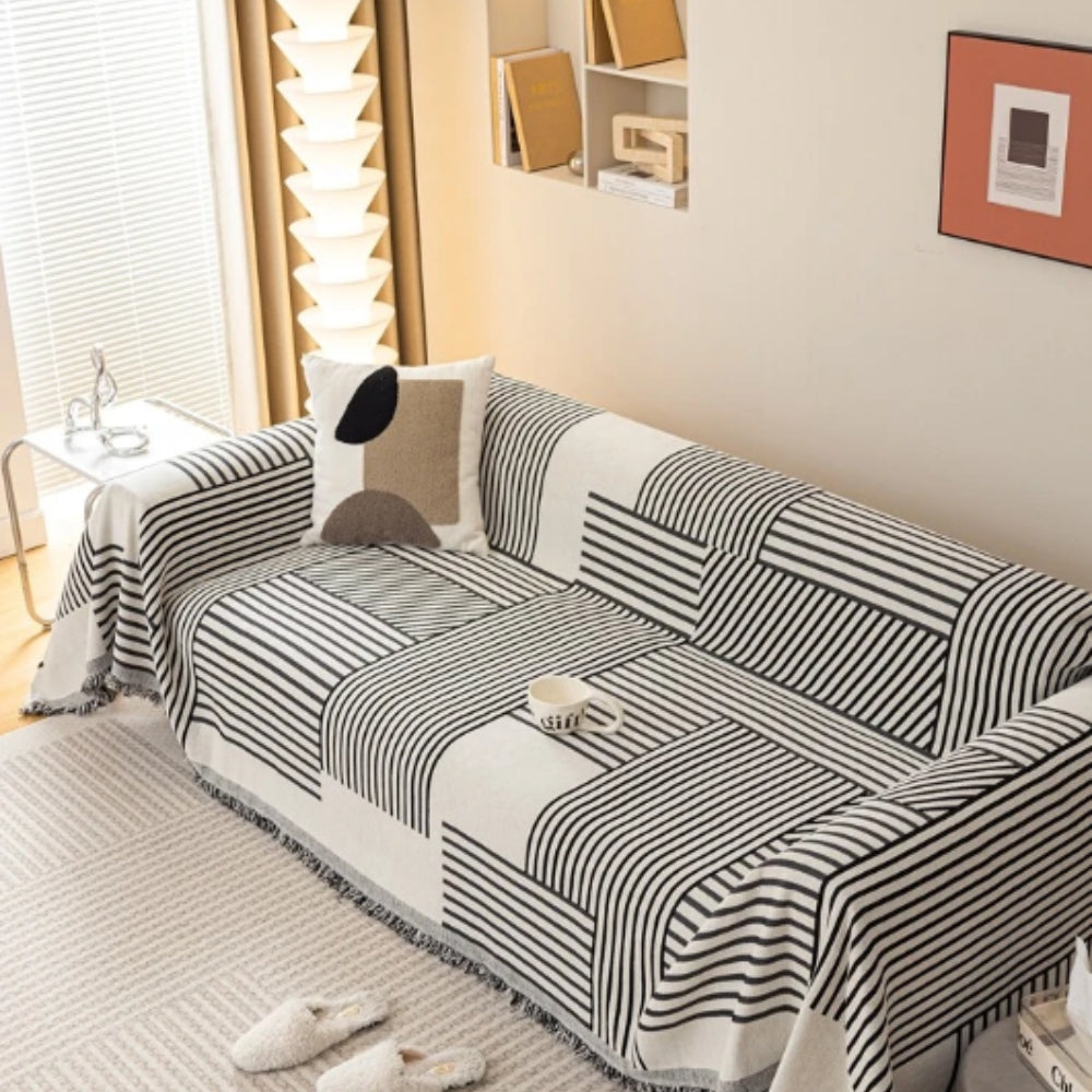 Gestreifte Chenille Sofaabdeckung mit Quasten – Rutschfest & Pflegeleicht 1