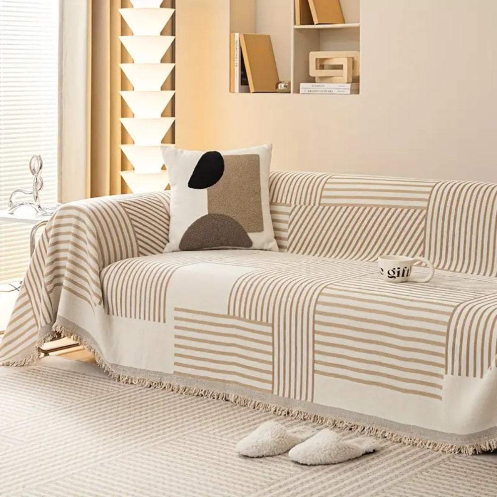 Gestreifte Chenille Sofaabdeckung mit Quasten – Rutschfest & Pflegeleicht 3