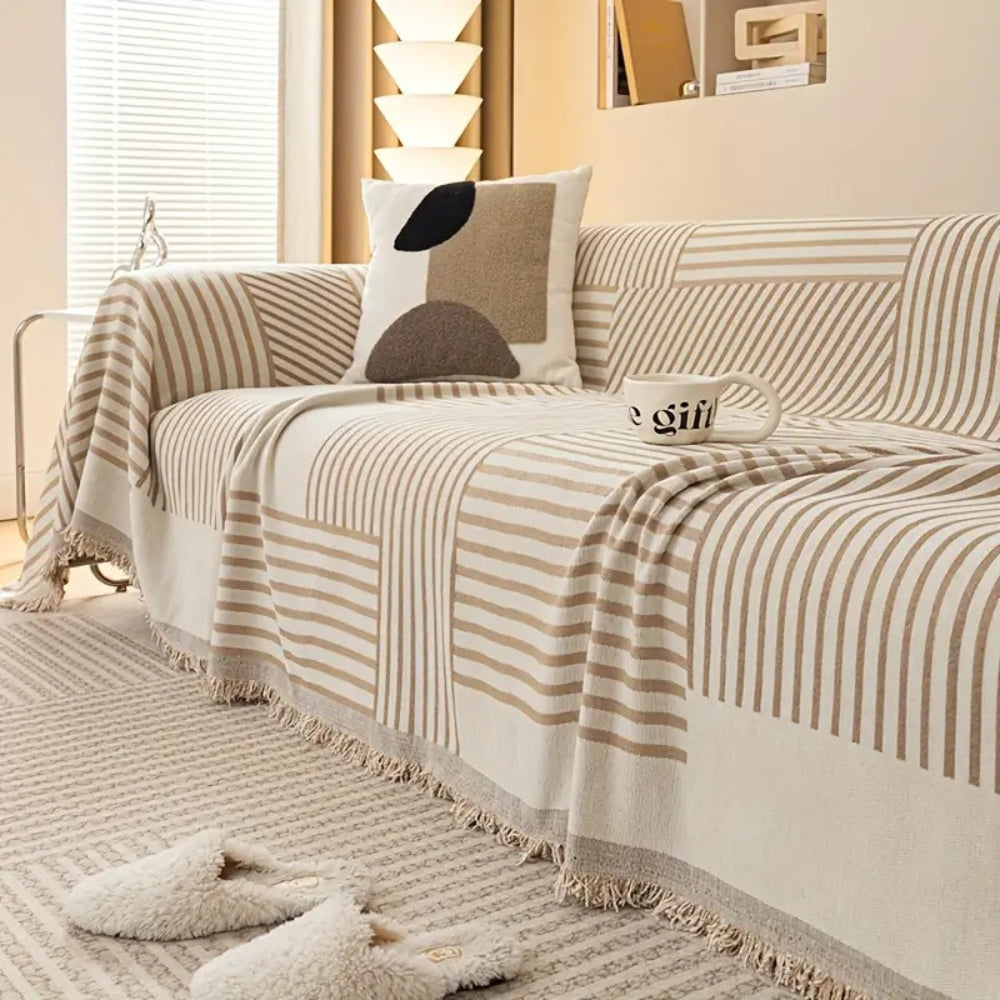 Gestreifte Chenille Sofaabdeckung mit Quasten – Rutschfest & Pflegeleicht 5