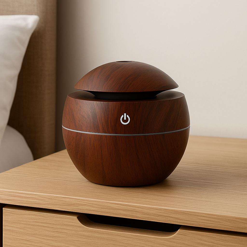 Mini LED Ultraschall-Luftbefeuchter mit Aromatherapie und Holzdesign für gesundes Raumklima 6