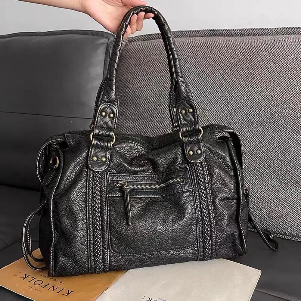 Schwarze Handtasche Damen aus PU-Leder im Vintage Stil mit mehreren Taschen – Ideal für Unterricht und Alltag 0