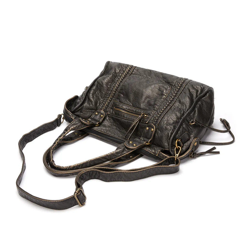 Schwarze Handtasche Damen aus PU-Leder im Vintage Stil mit mehreren Taschen – Ideal für Unterricht und Alltag 7