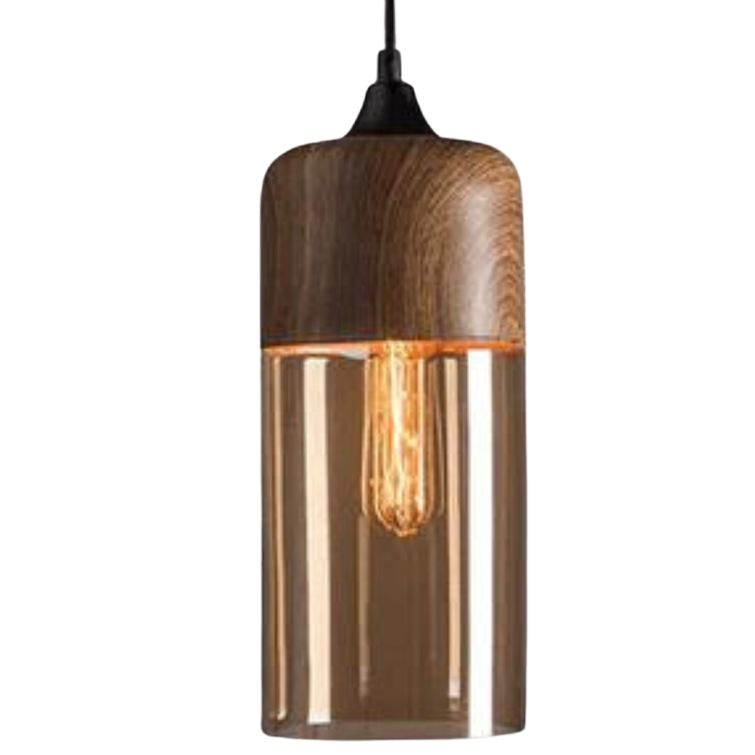 Skandinavische Pendelleuchte Holz mit getöntem Glas für modernes Esszimmer 10