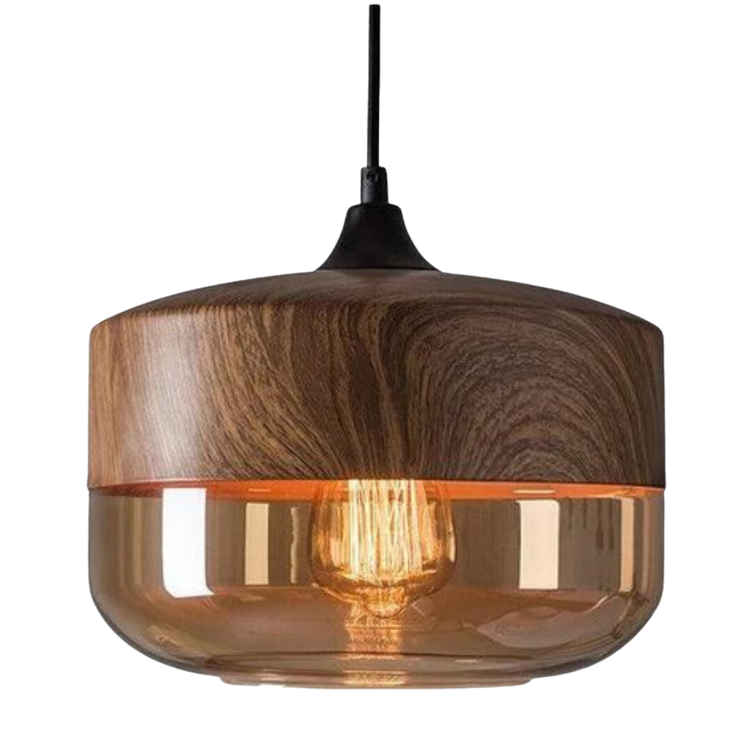 Skandinavische Pendelleuchte Holz mit getöntem Glas für modernes Esszimmer 11