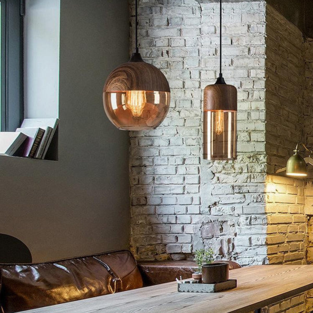 Skandinavische Pendelleuchte Holz mit getöntem Glas für modernes Esszimmer 5
