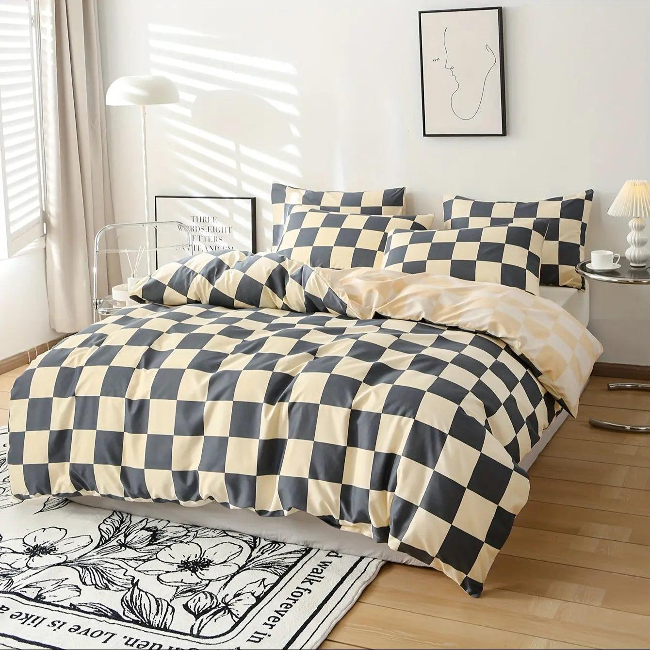 Groove Modernes kariertes Bettbezug - Set - 4 - teiliges Duvet - Set für stilvollen Schlafkomfort - Givera DE