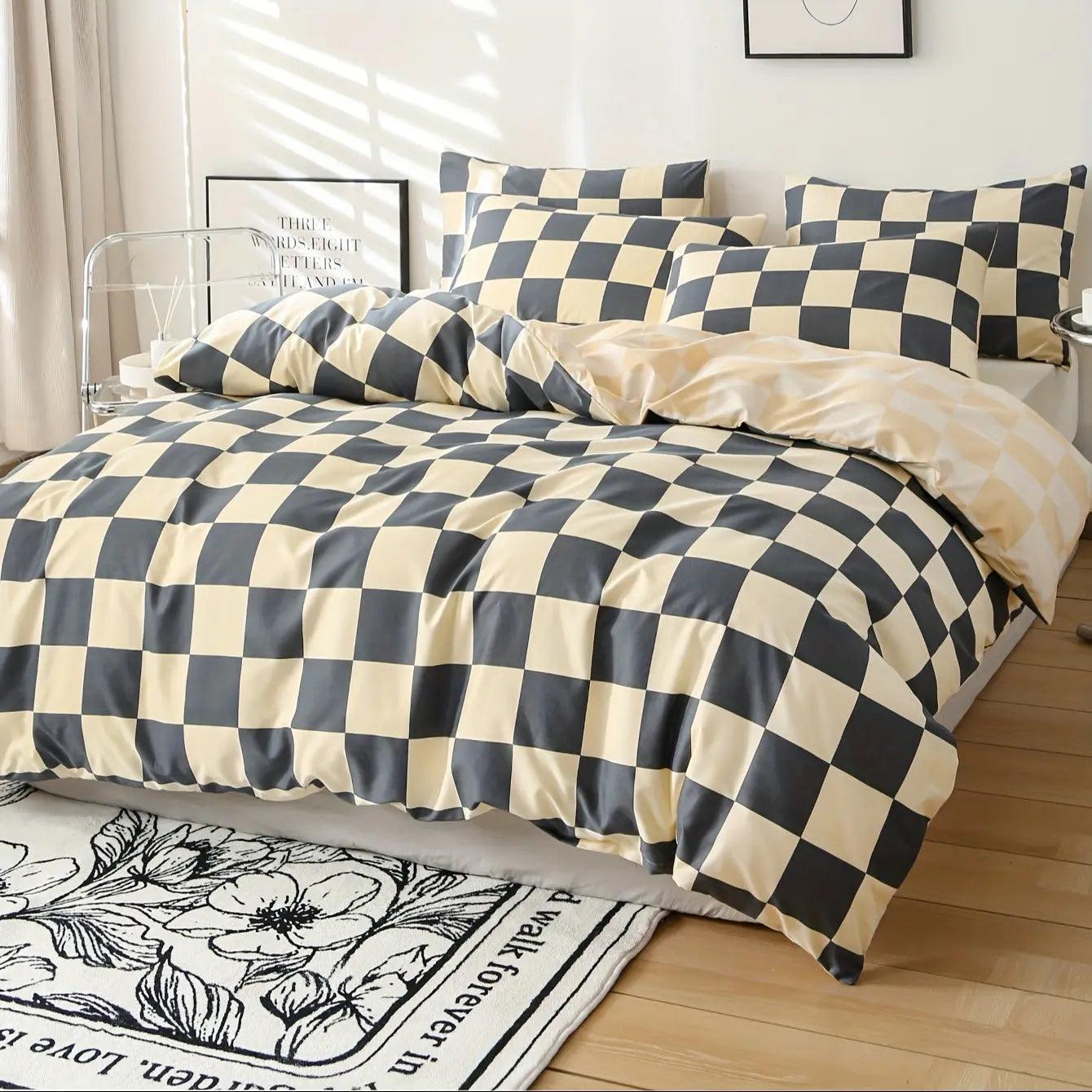 Groove Modernes kariertes Bettbezug - Set - 4 - teiliges Duvet - Set für stilvollen Schlafkomfort - Givera DE